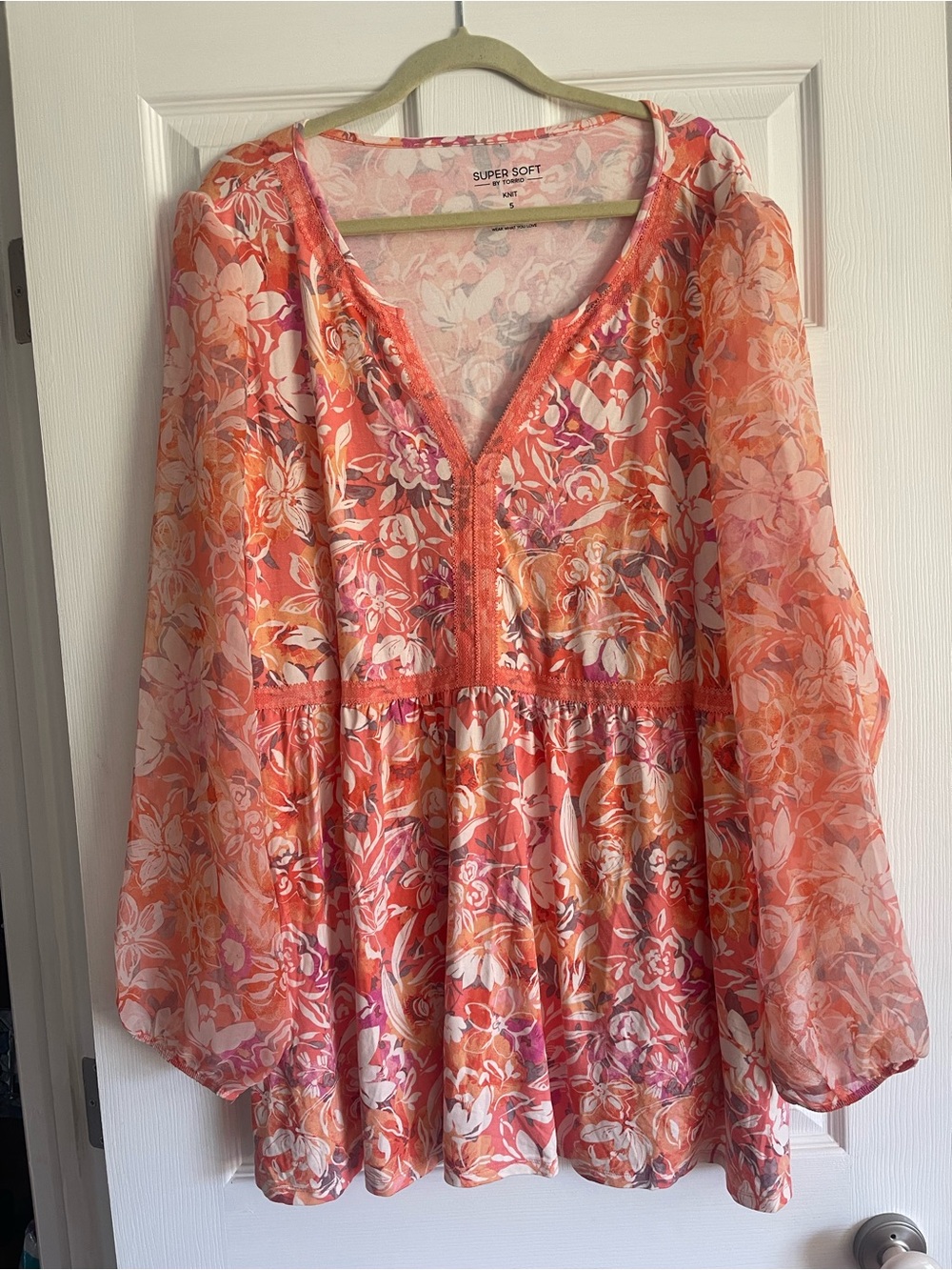 torrid Coral-Orange Floral Peasant Tunic